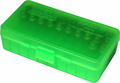 MTM pojemnik na naboje pistoletowe kal. 9mm - 50 szt. kolor: przezroczysty zielony / przesuwna pokrywa